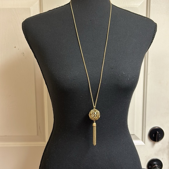 Lucky gold necklace with ball with crystals and tassel, 32” - Picture 5 of 7